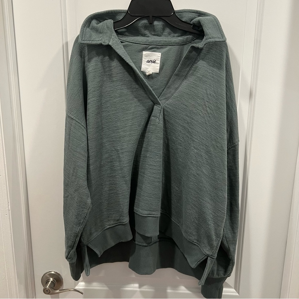 Aerie Oversized Collared Sage Green Sweatshirt